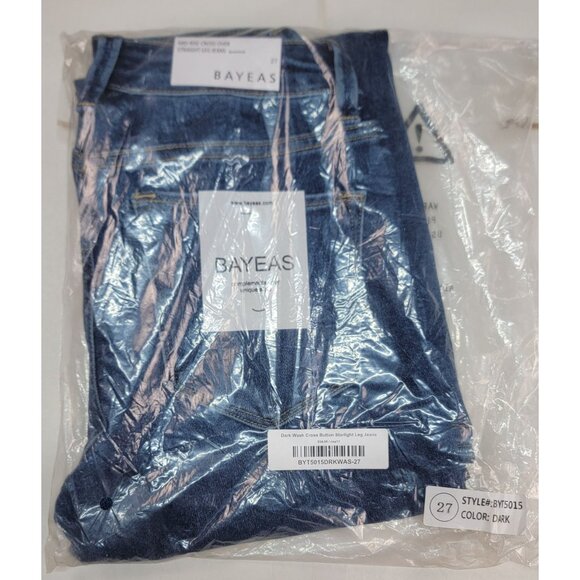 Bayeas Jeans Mid Rise Cross Over Button Straight Leg Denim Womens Size 27 NEW - Picture 9 of 11